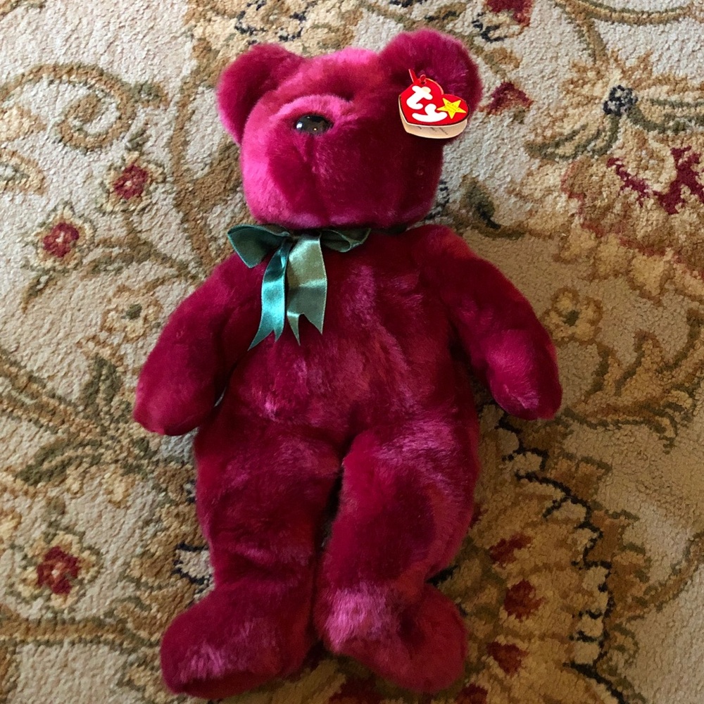 Ty Plush Bear in Deep Burgundy with Green Bow